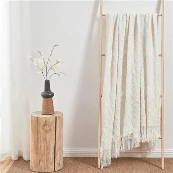 Knitted Throw Blankets for Couch and Bed, Soft Cozy Knit Blanket with Tassel